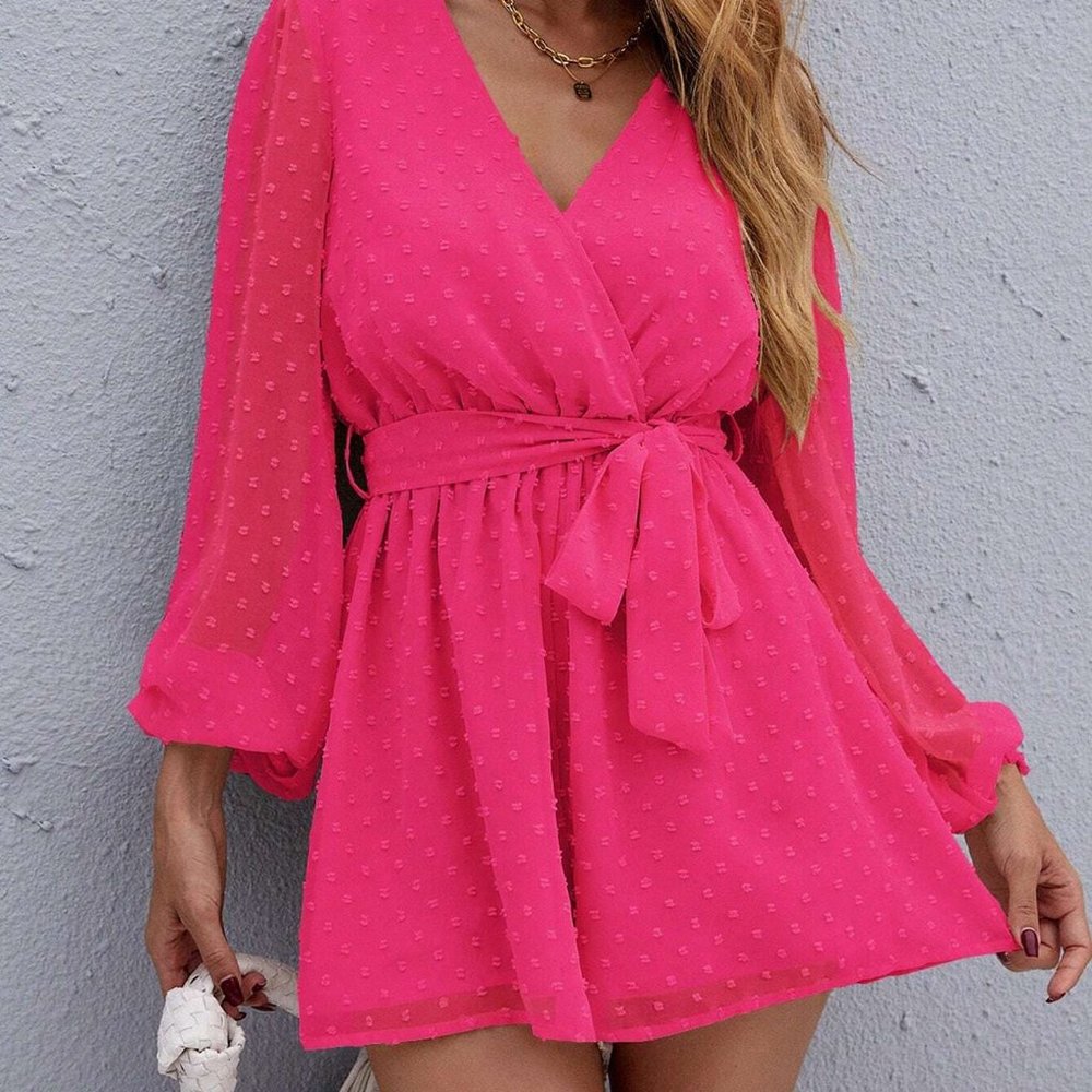 Pink Boho Womens Surplice Neck Lantern Sleeve Belted Swiss Dot Chiffon … - Picture 5 of 5